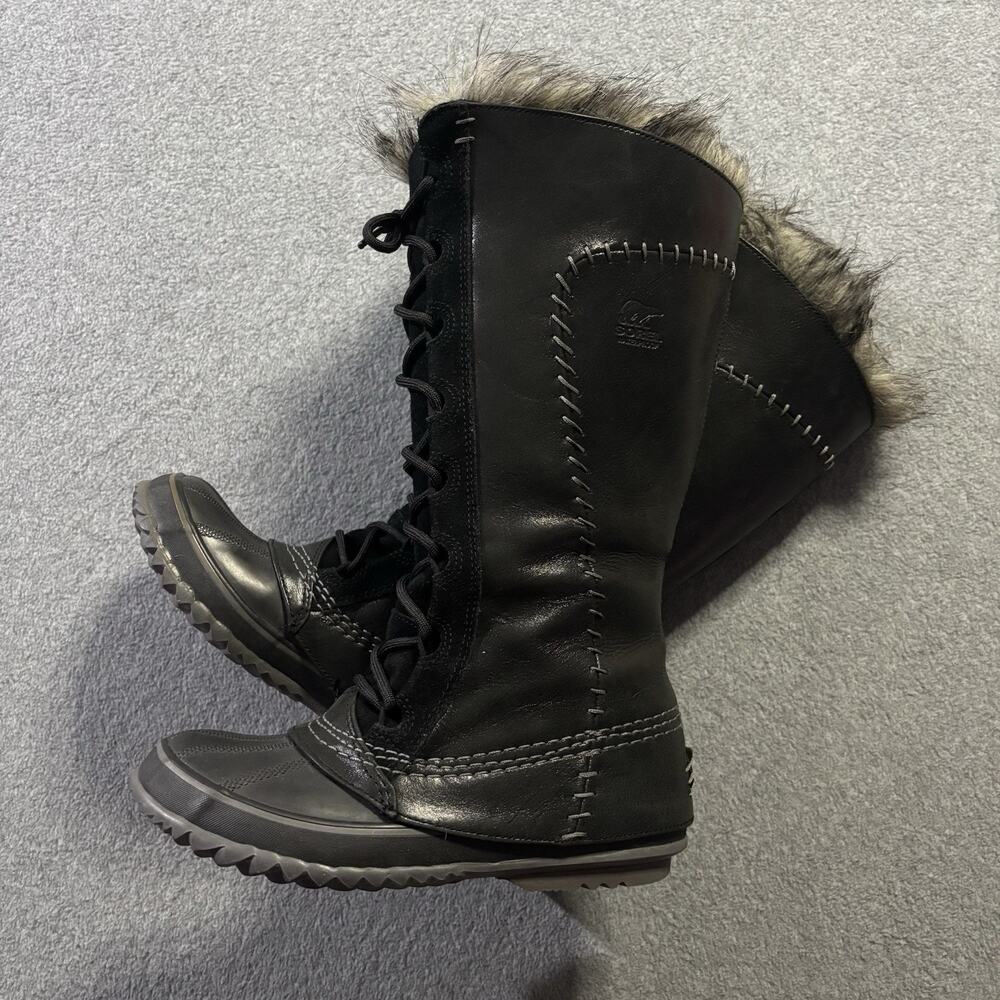 Womenโs Size 6 - Sorel Cate The Great Black Leather Tall Waterproof Winter Boots